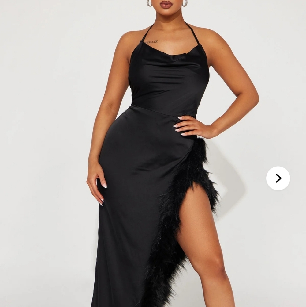 Brand New Elegant Black Halter Dress with Fur Trim